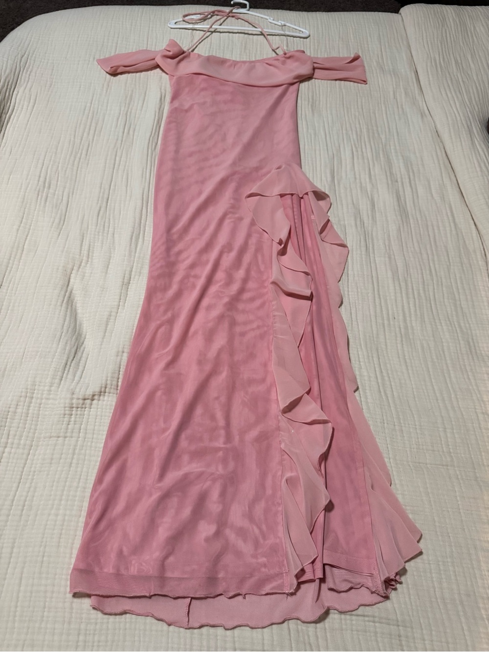 Showpo Pink Off-Shoulder Ruffled Prom Dress